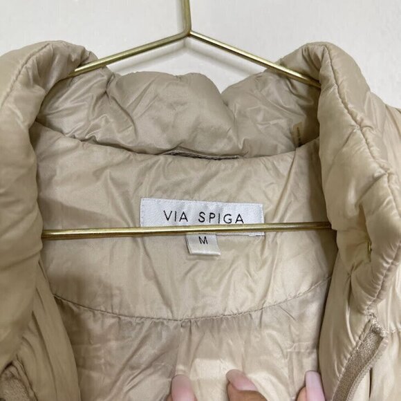 Via Spiga Puffer Jacket Size Medium Beige Full Zip Nylon Winter Packable Coat - Picture 3 of 11